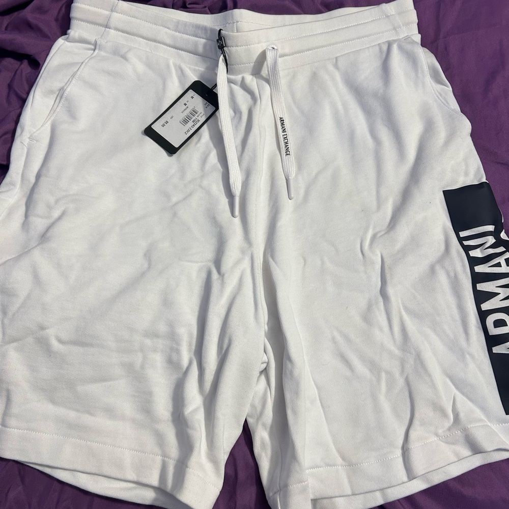 Armani Exchange Men White Athletic Shorts with Elastic Waistband